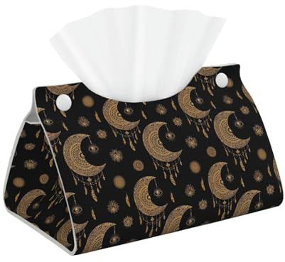VAFZASC Tissue Box Decorative PU Leather Cover Mandala Boho Crescent Moon Sun Dream Catcher, Tissue Holder Napkin Dispenser for Bedroom Dressers, Night Stands, Office Desk, Car