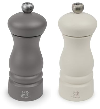 PEUGEOT - Duo de Moulin à Poivre + Moulin à Sel Clermont 13 cm - Fabrication Française - Bois Naturel - Coloris Gris Roche & Blanc