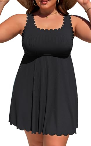 Charmo Women Plus Size Bathing Suit Tummy Control One Piece Swim Dress Scalloped Square Neck High Waisted Swimsuit 2026 Black 2X