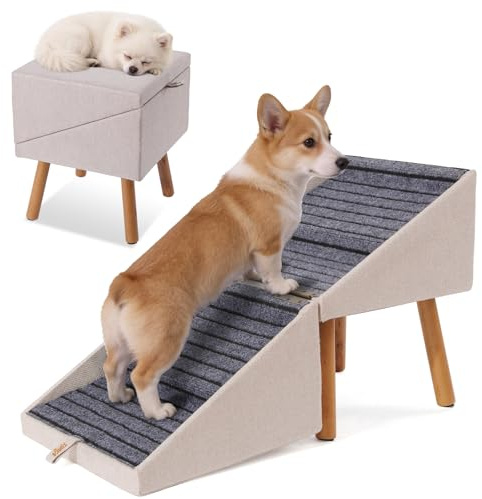 Hunderampe für Bett und Couch, Hundetreppe für große, mittlere und kleine Hunde, klappbare 2-in-1-Holztreppe für Welpen, ältere und verletzte Hunde, geteiltes Ottomane-Design (Aprikose-43,5 cm hoch)