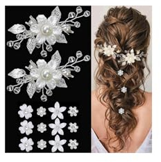 TESGADGETS Set di accessori per capelli da 14 pezzi per la damigella, fermagli per capelli fatti a mano con foglie argento, fiori, perle e cristalli e mini fiori, bianco