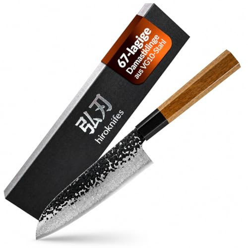 Hiroknifes Kochmesser Damastmesser 18cm – Santoku Messer Japanisches Küchenmesser scharf – 67 Lagen VG10 Damaststahl – Kochmesser Profi Fleischmesser – Ebenholz Griff + Geschenkbox