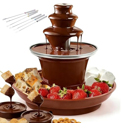 Mini Fuente De Chocolate, Fuente Eléctrica De Fondue De Chocolate De 3 Niveles con Bandeja Y Tenedores Extraíbles, Fácil De Limpiar, Máquina De Fondue Portátil para El Hogar Y Fiestas De Cumple Brown
