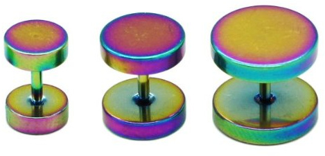 SoulCats® 2 Fakeplugs Fake Plug Tunnel Piercing Örhängen Män svart silver regnbåge 10 mm
