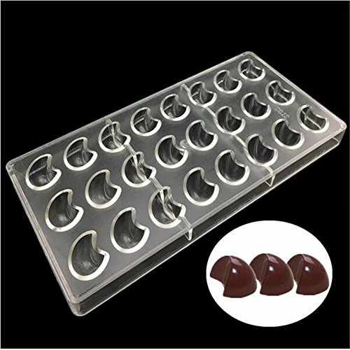Kunststoff-Pralinengussform mit 24 mondförmigen Gusslöchern, aus Polycarbonat, rechteckig, transparent, Schockoladeform, Dessertform, Backform, 14,5 x 28 x 2,5 cm