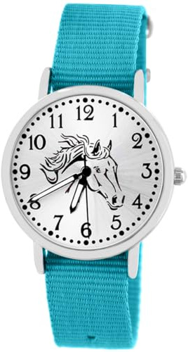 Pacific Time Kinderuhr Pferd Mädchen Jungen Armbanduhr analog 5 ATM | Schwarzer Pferdekopf, Sunray-Zifferblatt, fluoreszierende Zeiger, 5 ATM wasserdicht, Mineralglas, Nylonarmband 16 mm