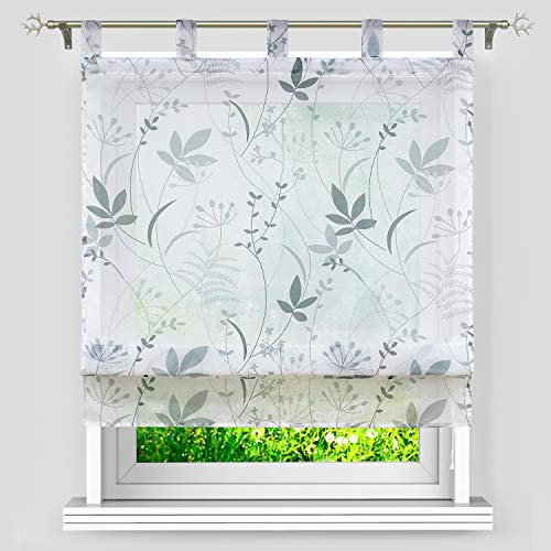 Heichkell Transparente Raffrollos mit Blumen Druck Raffrollo mit Schlaufen Voile Raffgardine weiß Gardine Bedruckt H×B 140×80 cm