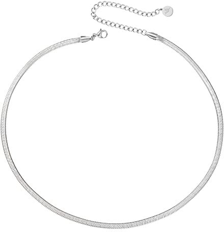 BONNYBIRD® Schlangenkette Silber Damen Kette ohne Anhänger Silberkette Schlange Edelstahl Flach Halskette Wasserfester Schmuck Frauen Silberschmuck Layering Kurz Sommer Modeschmuck Elegant