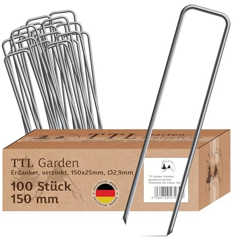 TTL GARDEN 100x Erdanker 150 x 25 x Ø 2,9 mm - verzinkt & gehärtet rostfrei | - Carbon Stahl Bodenanker Heringe für Unkrautvlies, Gartenvlies, Zaun, Vogelschutznetz, Camping - Anti-Rost robust rostfrei