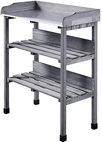 Yaheetech Plant Flower Wood Potting Bench w/Galvanised Steel Metal Tabletop and Storage Shelf Indoor/Outdoor,Grey