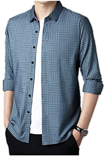 NP Printemps Automne Business Pas de Repassage Manches Longues Plaid Casual Hommes Chemise à Manches Longues Respirant, bleu, XL