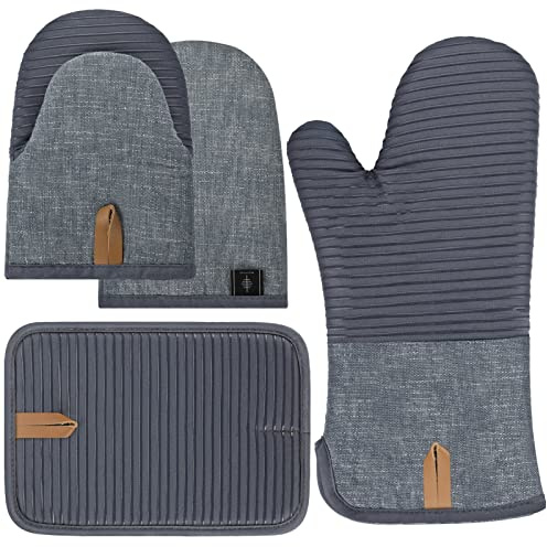 BONTHEE Ofenhandschuhe Topflappen Set Mini-Ofenhandschuhe Topfhandschuhe mit Anti-Rutsch Silikon Gestreift kochhandschuhe für Kochen Backen - 4er Set - Grau