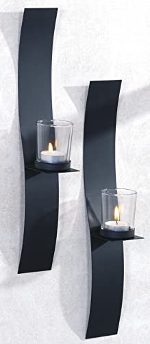 Novaliv 2X Wandkerzenhalter aus Metall mit Glas 6 x 39,5 x 6 cm Schwarz Kerzenhalter Wand Teelichterhalter Deko Wohnzimmer Dekoration Wanddeko Vintage Deko Teelicht Wandhalter