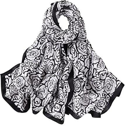 WEIGEER Paño de Cuello de Seda para Mujer - Chal de Hojas de Seda delgada para Beach, Boda Vintage, Muslim, Colorido (blanco y negro)