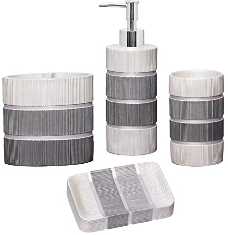 Zahari Home 4pc Modern Line Modern Bathroom Accessories Set Modern Soap Dispenser, Tumbler, Tooth Brush Holder and Dish Soap Holder Luxury Contemporary Grey Decor Unique Design Luxury Bath Set