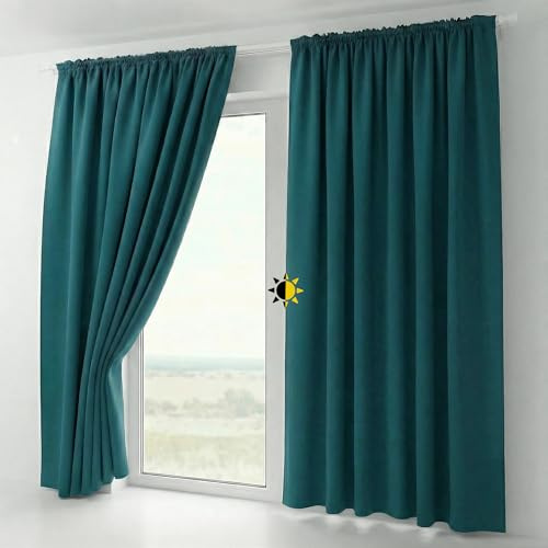 BEAUTEX 2er Set Kräuselband Verdunkelungsvorhang mit U-Band, Gardinen abdunkelnd und Blickdicht (B=140 cm, H=145 cm, Petrol)