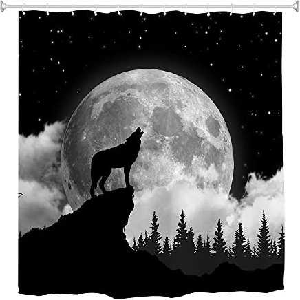 goodbath Amimal Duschvorhang mit Wolf-Motiv, Heulender Mond, Nacht, Wald, Stoff, Badvorhänge für Badezimmer, 180 x 180 cm, Schwarz/Weiß