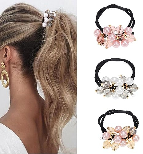Yean Coleteros elásticos para el cabello con perlas y cuentas de cristal, accesorios para el cabello para mujeres y niñas (paquete de 3) (B)