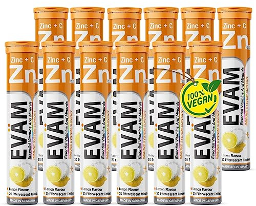 EVÄM Zink plus Vitamin C Brausetabletten I Geschmack Zitrone I 12x 20 Stück I Nahrungsergänzungsmittel zur Unterstützung des Immunsystems I Vegan I Made in Germany