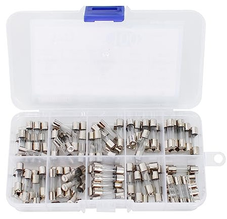 100 Pcs 10 Values Fast-Blow Glass Fuse Assortment Kit - 250V 0.2A-15A Tube Fuses, 5x20mm, Packaged in Clear Plastic Box