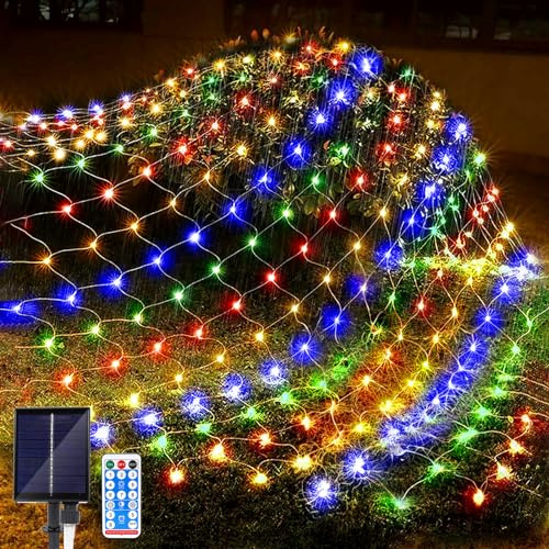 JIMACRO Luces de Cadena de Red Solares para Exterior, 2 m x 3 m 192 LEDs Red de Luz LED con Mando a Distancia, 8 Modos, Impermeable Cadena de Luces para Navidad, Cortina, Balcón Decoración
