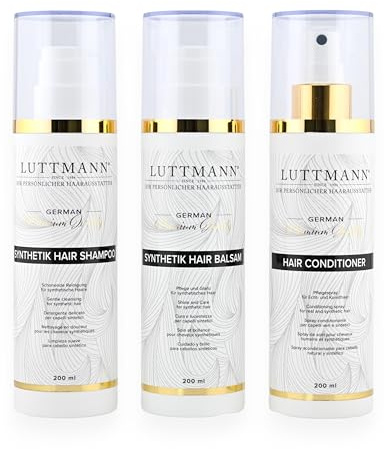 LUTTMANN Ensemble de soins capillaires synthétiques – Shampoing, baume et après-shampoing 200 ml chacun – Nettoyage doux pour cheveux synthétiques et perruques