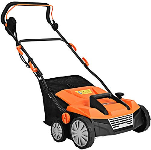 COSTWAY Scarificateur de Pelouse Électrique de 13A, avec Double Interrupteur de Sécurité Réglable à 4 Niveaux Sac de Ramassage de 45 L, Scarificateur et Aérateur Filaire avec 2 Lames (Orange)