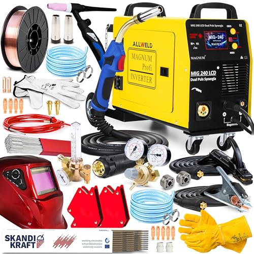 Magnum MIG 240 Double Pulse - Saldatrice a Filo Continuo con Gas da 240 A - Sinergia, 4 Rulli, Memoria di Regolazione - Saldatura: MMA, TIG e a Punti - Pannello di Controllo LCD - Set Professional