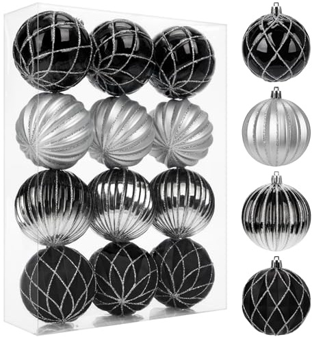 Arborus Weihnachtsdeko Kugeln 8 CM Weihnachtskugeln 12er Set Weihnachtsbaumschmuck Christbaumdeko Kunststoff Baumkugeln Schwarz Christbaumanhänger Weihnachten Deko Christmas Tannenbaum Deko Kranz Deko