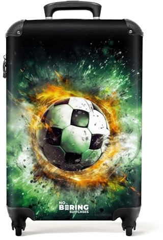 NoBoringSuitcases.com Kinderkoffer, Kinderkoffer Jungen, Kindergepäck, Reisekoffer Kinder, Koffer Klein Mit Rollen, Kindertrolley Jungen, Handgepäck Koffer 55x40x20 cm (Fußball mit Flammen - Grün)