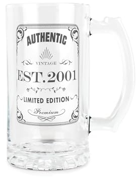 Purely Home Born in 2001 Gift Glass Stein - Vintage Beer Glass Present - 450ml Drinking Cup/Tankard Mug with Handle Gifts for Birthdays