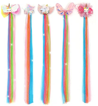 Aiduode 5 Pcs Rainbow Unicorn Hair Extensions For Kids，Hair Bows For Girls，Hair Clips For Little Girls，Hair Accessories