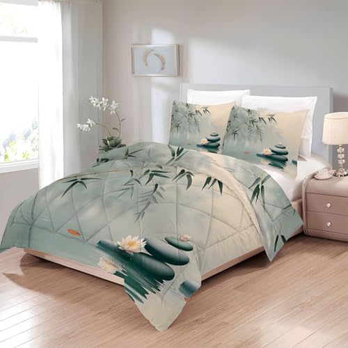 Couette Lotus 180x220 4 Saisons - Style Japonais Imprimée, Motif Floral, 2 Personnes, Lavable Sans Housse, Édredon Réversible Avec 2 Taies d'Oreiller U-713