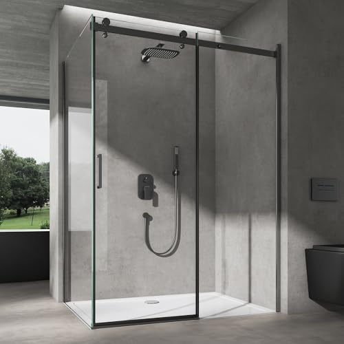 doporro Duschkabine mit Schiebetür 90x140x195cm mit weißer Duschtasse | 8mm ESG-Sicherheitsglas Klarglas inkl.Nano-Beschichtung | Rechts-oder Linkseinstieg | Aluminiumrahmen in Schwarz | Ravenna19K
