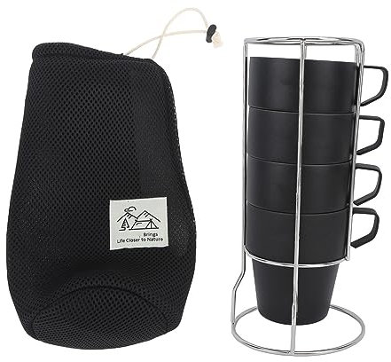 PerGar Juego de Tazas de café, Tazas de café Apilables Negras, Juego de Tazas de café Aisladas de Doble Capa de Acero Inoxidable, Tazas Apilables con Soporte de Metal, para Acampar