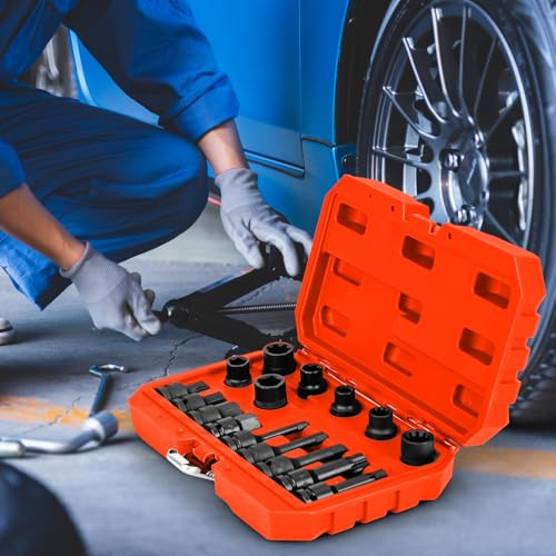 GOPLUS Juego de 16 Piezas de Llaves de Impacto, Kit de Herramientas de Ajuste de Freno de 1,3 cm, Juego de Llaves de Calibrador de Freno de Impacto, Compatible con con Varios Vehículo (Naranja)