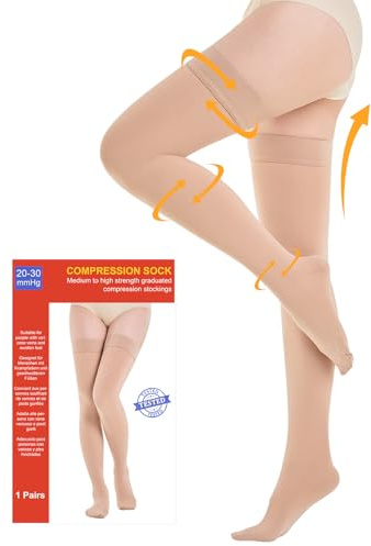 20-30 mmHg Medizinische Kompressionsstrümpfe Damen & Herren Klasse 2, Geschlossene Zehe Lang Stützstrümpfe Thrombosestrümpfe mit Silikonband für Krampfadern Ödeme Flug (Beige, M)