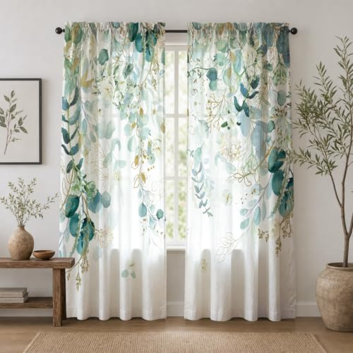 GOLDLAWN Gold Green Curtains 84 Inches Long Sage Green Leaves Light Filtering Curtain White Floral Drapes for Living Room Farmhouse Leaf Retro Elegant Window Curtains for Bedroom 2 Panels