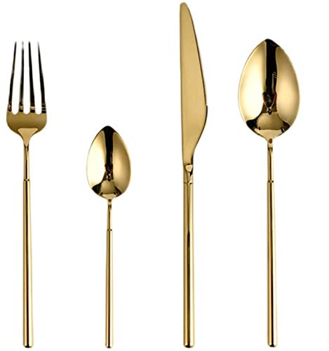 OLSKFUH Ensemble De Couverts 4 Pièces Ensemble De Vaisselle en Or Ensemble De Vaisselle en Acier Inoxydable Couteau Cuillère Fourchette Vaisselle Cuillère À Soupe Couverts De Table Ensem,