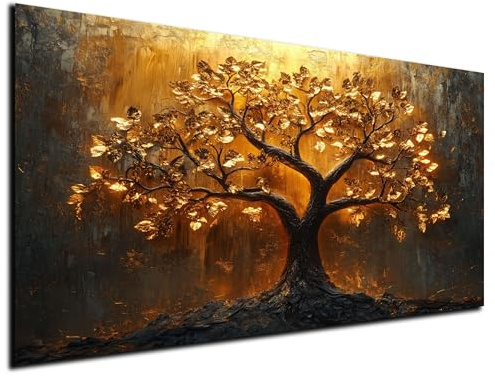 DARO Design® Bild auf Leinwand Groß 84x56 cm XXL Schlafzimmer Bilder Badezimmer Wand Deko Wohnzimmer Modern Wanddeko Bilderwand Geschenk Abstrakt Lebensbaum Baum Schwarz Gold Strahlen