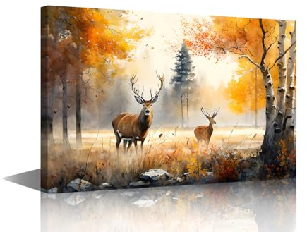 TISHIRON Forest in Autum Wall Art Deer Wall Decor 1 Panel Trees and Wildflowers Wall Pictures for Living Room Home Decor Artwork Stretched with Wooden Frame Ready to Hang (16''Wx 24''H)
