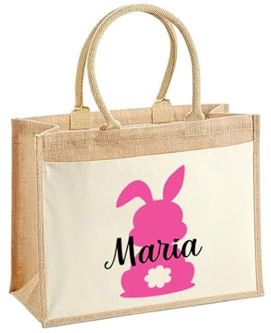 LIEBTASTISCH Ostern - Jutetaschen - Personalisiert - Geschenkverpackung - Osternest - Osterkorb - Hase - Osterkorb - Geschenktüte - Frohe Ostern (Pink, S (26x22x14 cm))