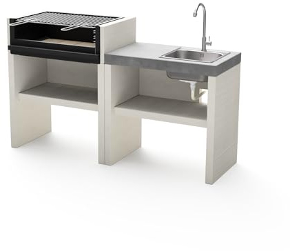 TUOZI - PACK 4 – VENIT FLEX – Barbacoa de Obra para Leña y Carbón, Conjunto Modular en Hormigón Texturizado con Parrilla de Acero y Fregadero (156 x 47 x 95 cm)