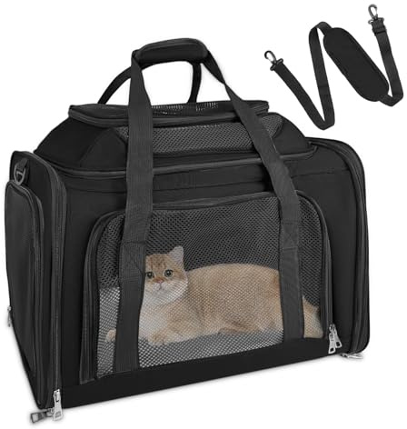 TOFFCAEA Transporttasche für Katze Hund, Hundetransportbox, Faltbare Katzentransportbox, tragbar, 6kg Katzen Hunde Tragebox, für mittelgroße Hunde, Katze (Schwarz, L 43 x B 28 x H 28 cm)