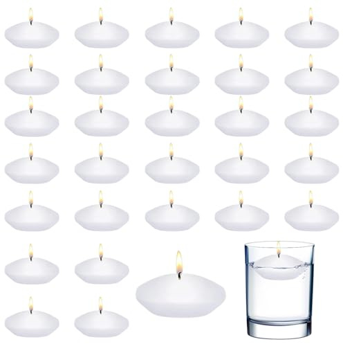 30Pcs Floating Candles, White Floating Tealight Candles,1.5 Inch Unscented Bamboo Candles Water Candles, for Wedding Pool, Valentine's Day Pool, Dinner, Christmas Decoration