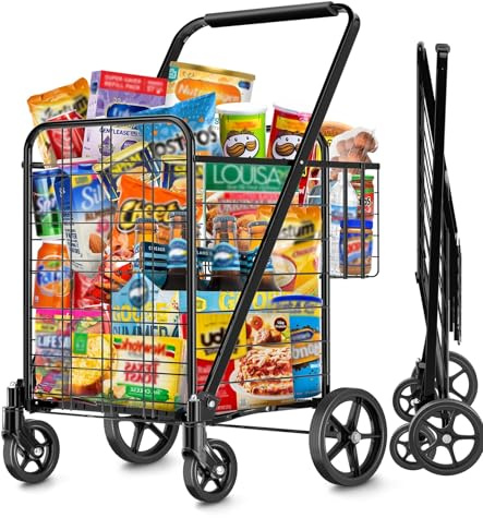 Upgrade Sturdy Wheels Shopping Cart, Jumbo Grocery Cart 350lbs High Weight Capacity, Rolling Cart with 360° wivel Wheel & Double Basket Utility Carts for Seniors Transport Groceries Laundry Luggage