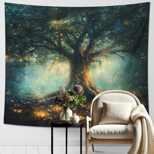 Bezaubernder Baum des Lebens Wandteppich, Äthergrün und blau, von der Natur inspirierte Dekoration für Schlafzimmer, Wohnzimmer, böhmische Ästhetik, gemütliche Wohnakzente, 152 x 101 cm