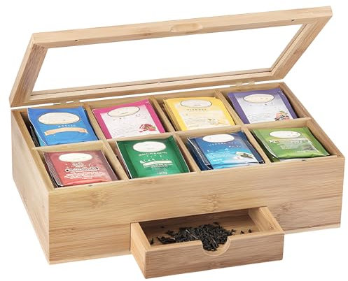 RHAIQBVC Bamboo Tea Bag Organizer, Tea Box with Clear Acrylic Top, Wood Storage Box with 8 Compartments and Retractable Drawer for Countertop