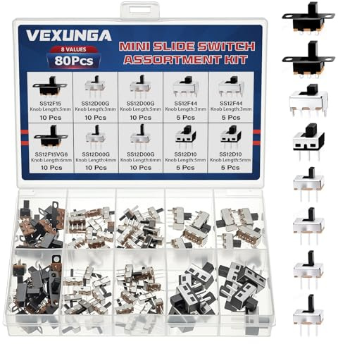 VEXUNGA Schiebeschalter Mini Satz Vertikal Schiebeschalters 3Polig 2Positionen Einbauschalter EIN/AUS 1P2T SPDT Löten Vertikal Panel Schalter Miniswitch Set (80 Stück)