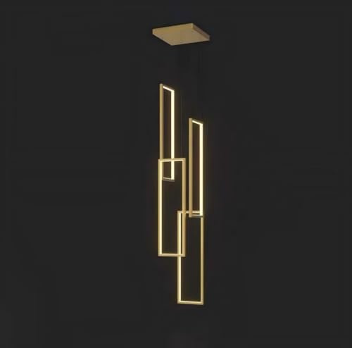DESHOME Rechteckige LED-Pendelleuchte Geometrische Linie Treppenhaus-Kronleuchter Gold Lange Hängeleuchten mit Fernbedienung, dimmbar, für Wohnzimmer, Treppenhaus, hohe Decken, Foyer